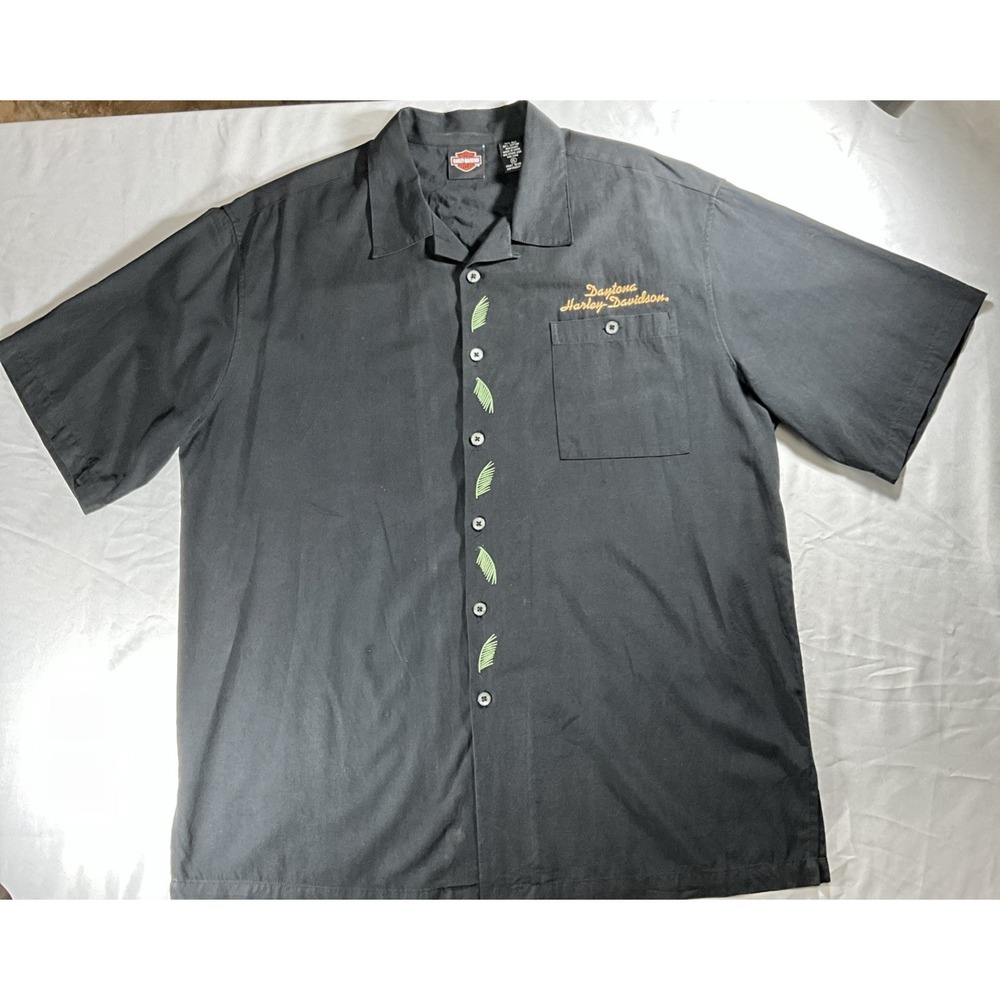 Daytona Harley Davidson Embroidered Black Silk Motorcycle Biker Shirt Men's XL